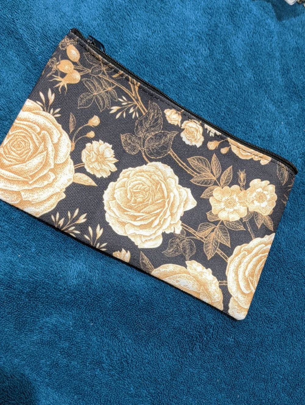 Floral Print Zip Pouch in Cream on Black